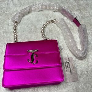 NWT Authentic JIMMY CHOO Varenne Quad XS Fuchsia Satin Shoulder Bag Pearl Strap